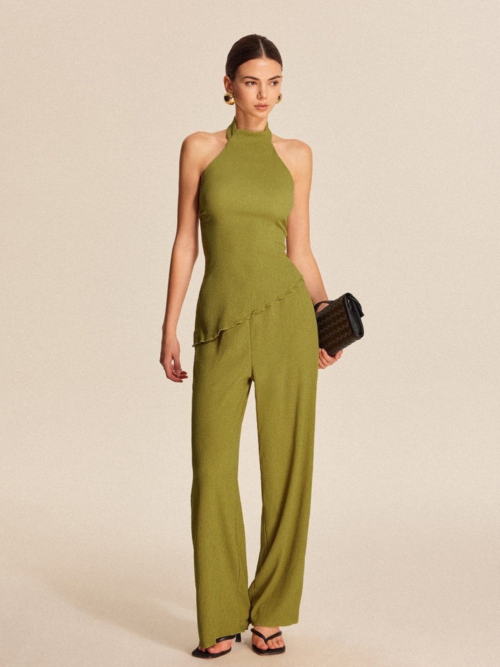 Commense Olive Halter Asymetrical Top And Pants SET